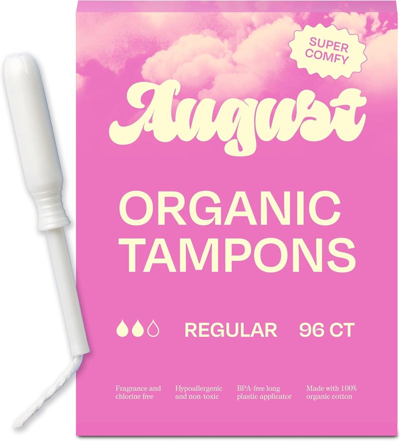 August Organic Cotton Tampons, 96 Regular Tampons Made with Organic Cotton, Long Applicators, Non-Toxic, Fragrance & Chlorine-Free, Hypoallergenic (6 Boxes of 16/12 Boxes of 8) - Image 1